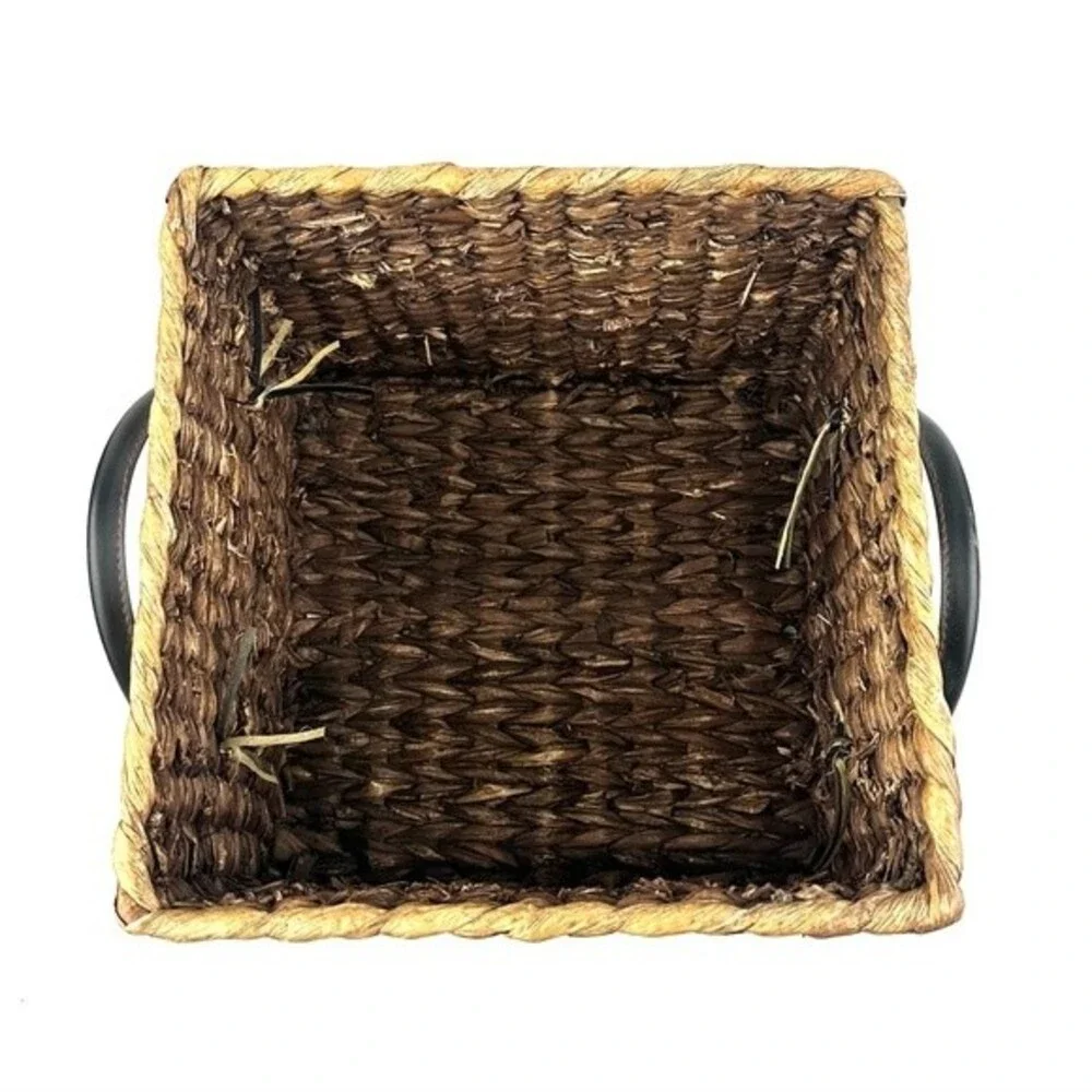 Square Brown Wicker Basket with Leather Handles 10.5” x 8.5”